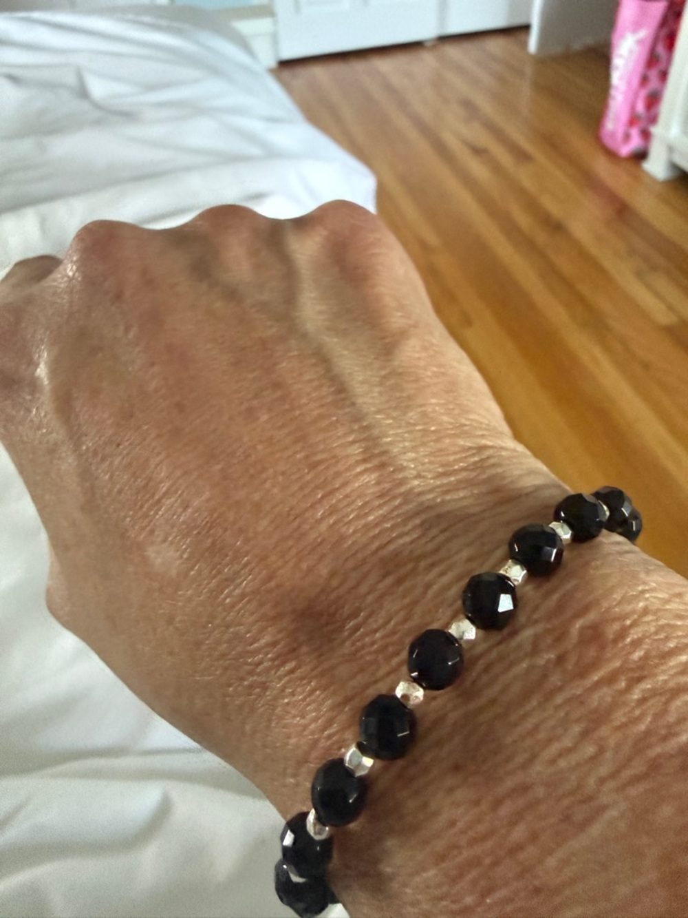 Faceted Black Bead Bracelet with Silver Accents